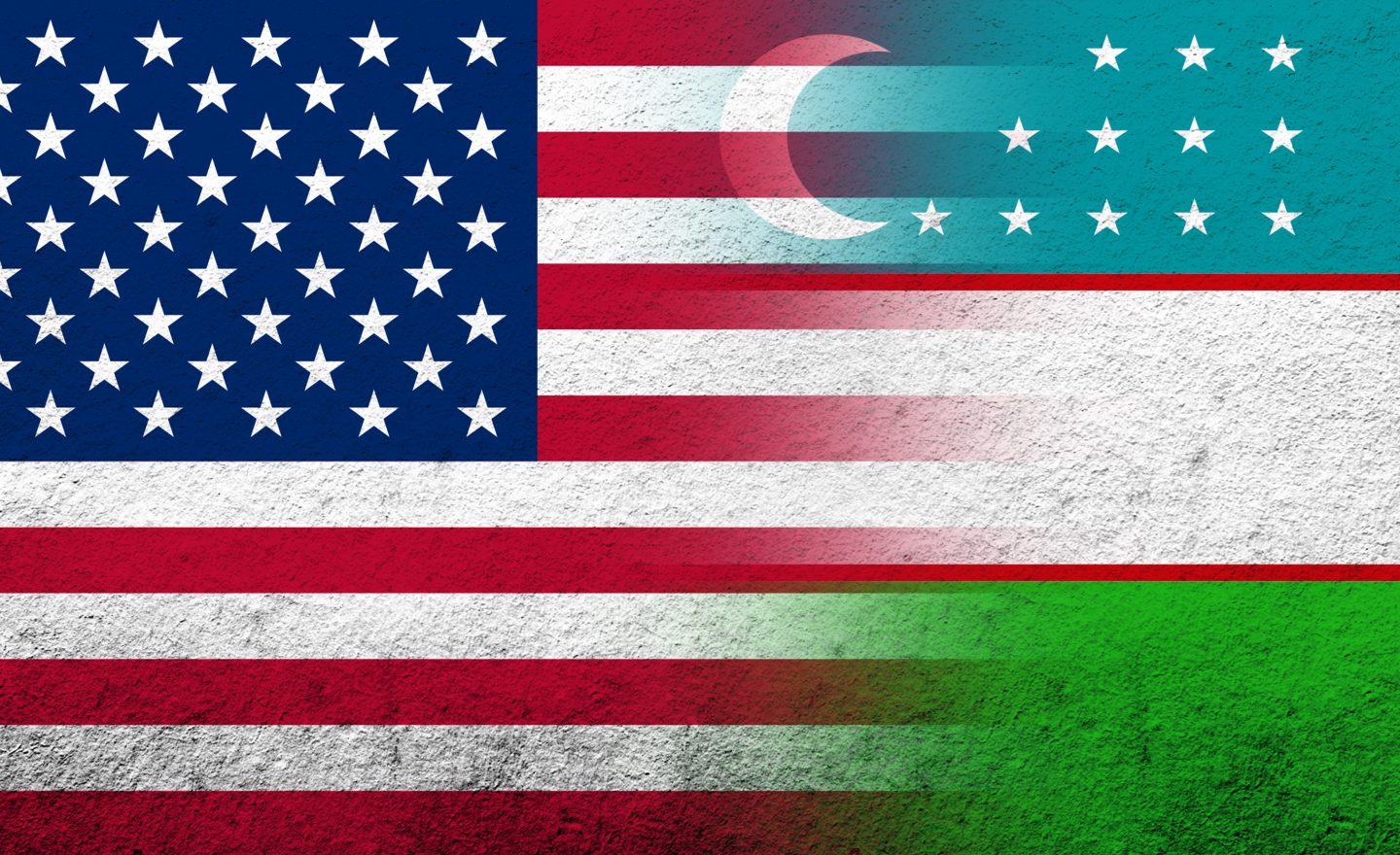 United States of America (USA) national flag with Uzbekistan National flag. Grunge background