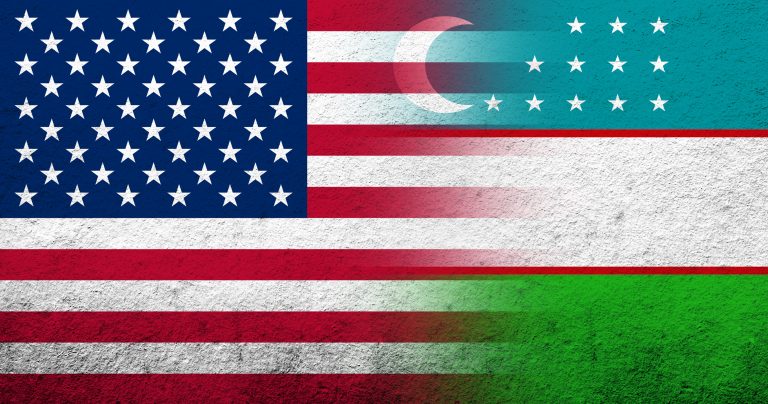 United States of America (USA) national flag with Uzbekistan National flag. Grunge background