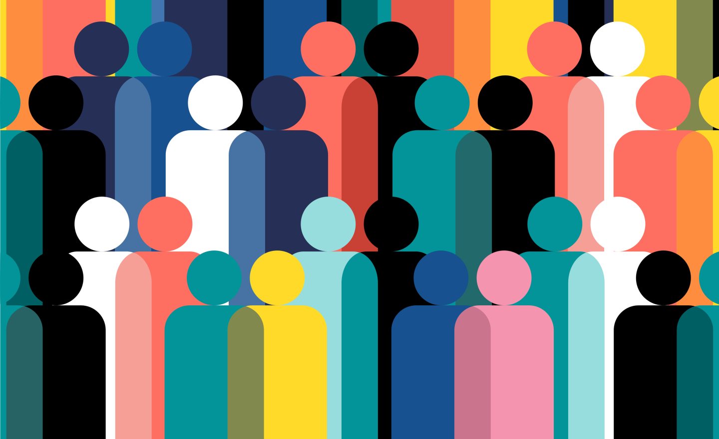 Geometric illustration of multi coloured human figures