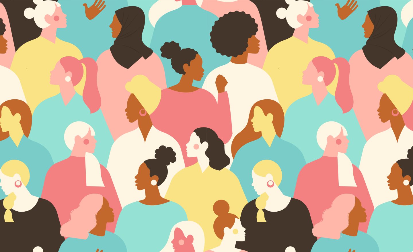 International Womens Day. Vector seamless pattern with with groupe of women different nationalities and cultures. Struggle for freedom, independence, equality.