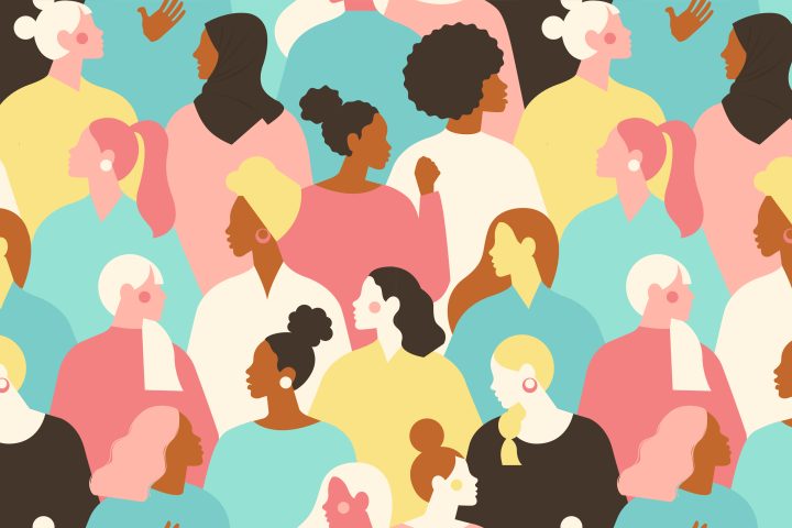 International Womens Day. Vector seamless pattern with with groupe of women different nationalities and cultures. Struggle for freedom, independence, equality.